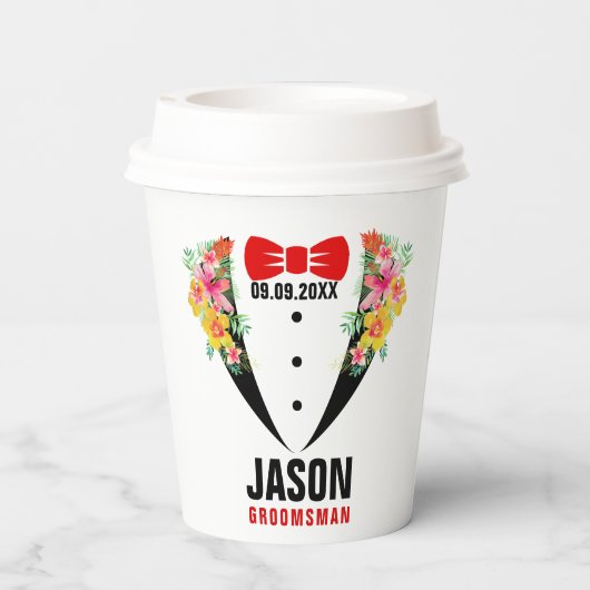 Zwarte Tuxedo Red BowTie & Groomsman Texto Paper C Papieren Bekers (Achterkant)