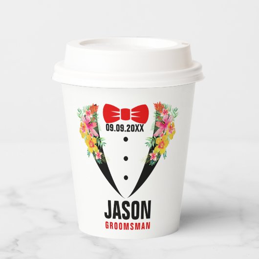 Zwarte Tuxedo Red BowTie & Groomsman Texto Paper C Papieren Bekers (Voorkant)