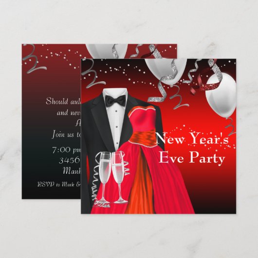 Zwarte Tuxedo rode jurk oudejaarsfeest Kaart (Voorkant / Achterkant)