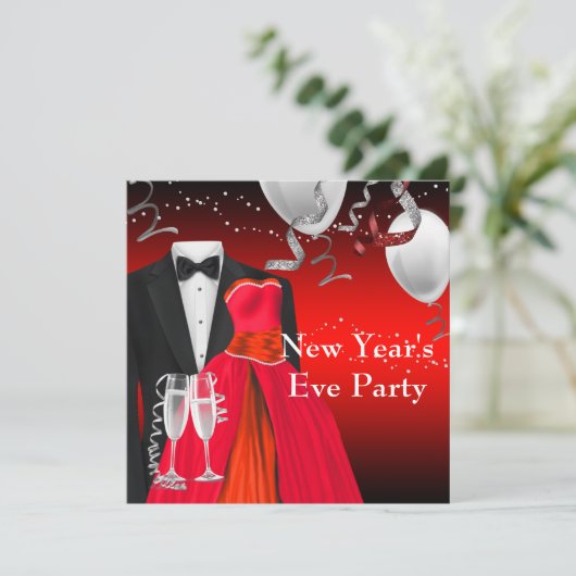 Zwarte Tuxedo rode jurk oudejaarsfeest Kaart (Staand voorkant)