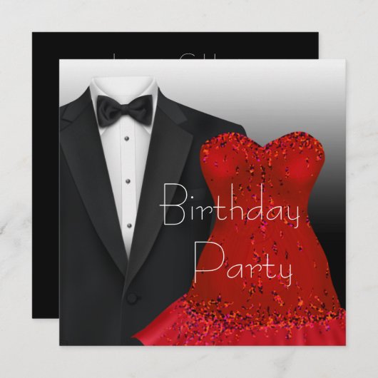 Zwarte Tuxedo rode jurk verjaardagsfeestje Kaart (Voorkant / Achterkant)