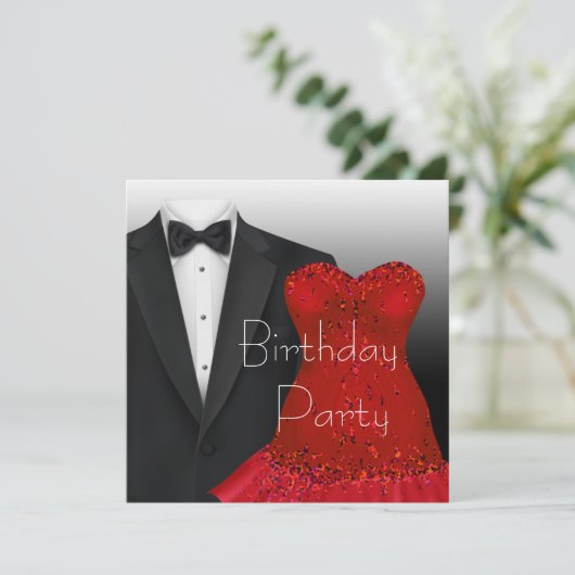 Zwarte Tuxedo rode jurk verjaardagsfeestje Kaart (Staand voorkant)