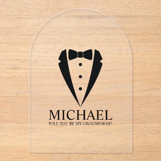 Zwarte Tuxedo Suit Gepersonaliseerde Groomsman Voo Acryl Uitnodigingen (Voorkant)