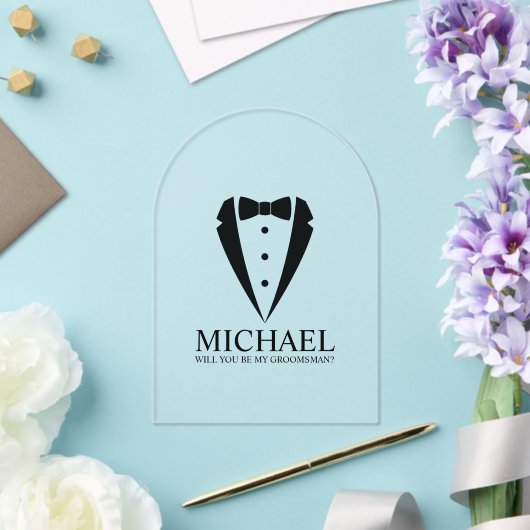 Zwarte Tuxedo Suit Gepersonaliseerde Groomsman Voo Acryl Uitnodigingen (Insitu (Huwelijk))