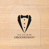 Zwarte Tuxedo Suit Groomsman Voorstel Acryl Uitnodigingen (Voorkant)