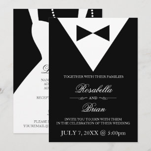 Zwarte Tuxedo & White Dress Wedding Invitations Kaart