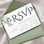 Zwarte typografie, eucalyptustak, witte bloemen RSVP kaartje