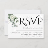 Zwarte typografie, eucalyptustak, witte bloemen RSVP kaartje (Voorkant)