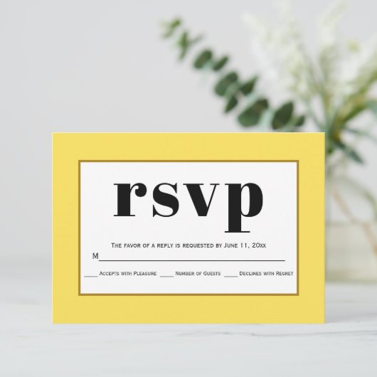 Zwarte typografie gele bruiloft RSVP-kaart RSVP Kaartje (Staand voorkant)