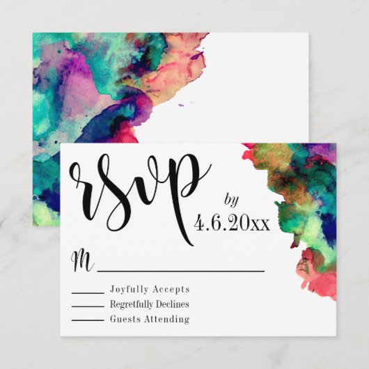 Zwarte Typografie met kleurrijke Waterverf Verf RS RSVP Kaartje (Voorkant / Achterkant)