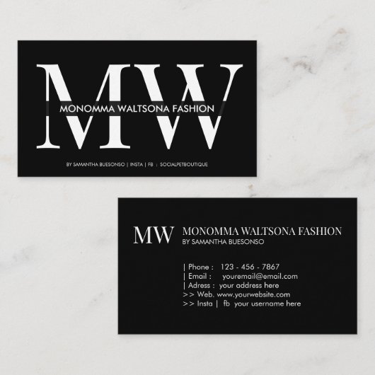Zwarte typografie monogram lettering naam visitekaartje (Voorkant / Achterkant)