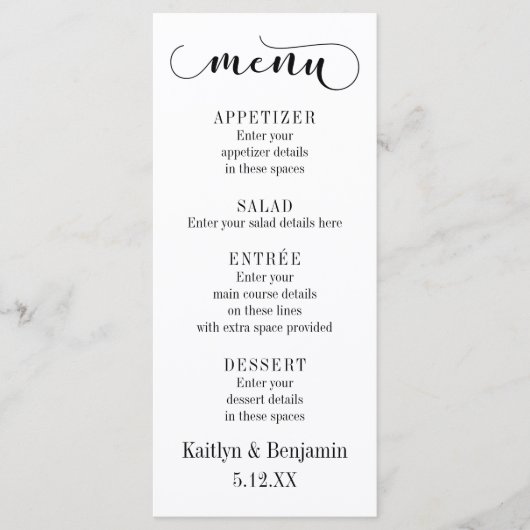 Zwarte typografie op witte trouwmenu menu (Voorkant)