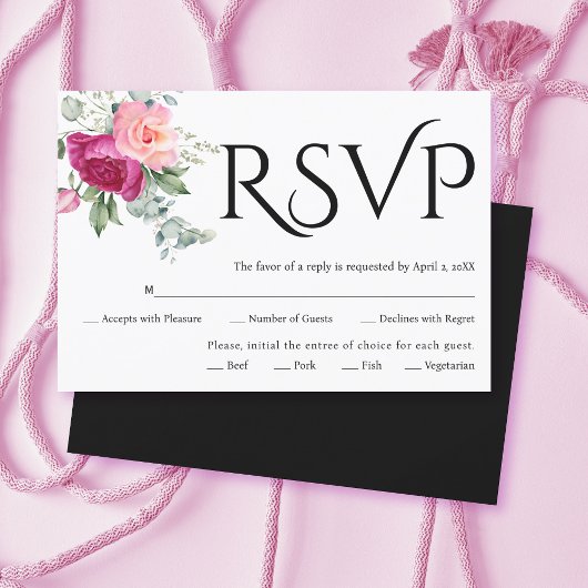 Zwarte typografie, roze rozen bloemen bruiloft RSVP kaartje