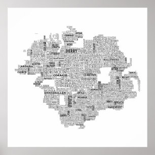 Zwarte Typografische Kaart van Ulster, Ierland Poster