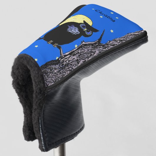 Zwarte Uil Blauwe Ogen In Boom Maan Sterren Golfheadcover (3/4 voorkant)