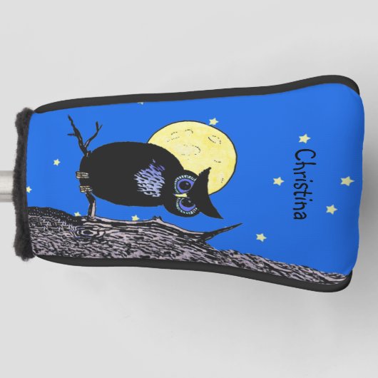 Zwarte Uil Blauwe Ogen In Boom Maan Sterren Golfheadcover (Voorkant)