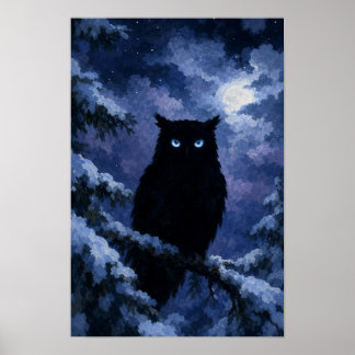 Zwarte Uil in Besneeuwde Nacht Poster