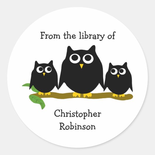 Zwarte Uilen Ontwerp Ex-Libris Ronde Sticker (Voorkant)
