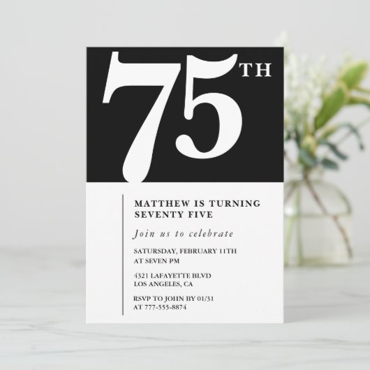 Zwarte uitnodiging 75ste verjaardag Elegant Chic E (Staand voorkant)