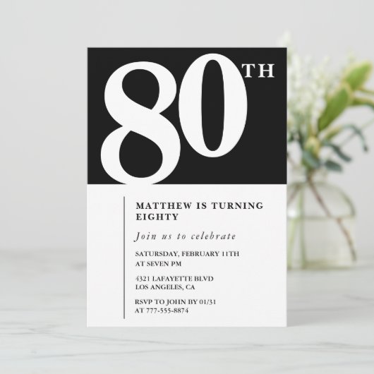 Zwarte uitnodiging 80ste verjaardag Elegant Chic E (Staand voorkant)