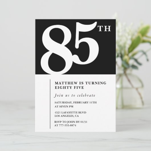 Zwarte uitnodiging 85ste verjaardag Elegant Chic E (Staand voorkant)