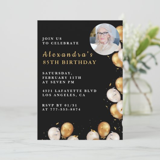 Zwarte uitnodiging 85ste verjaardag Gouden Ballon  (Staand voorkant)