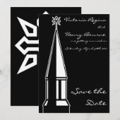 Zwarte uitnodiging Kerk Toren Save the Date (Voorkant / Achterkant)