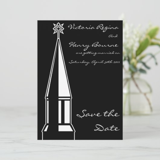 Zwarte uitnodiging Kerk Toren Sla de Datum (Staand voorkant)