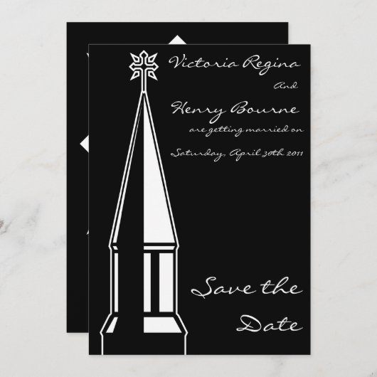 Zwarte uitnodiging Kerk Toren Sla de Datum (Voorkant / Achterkant)