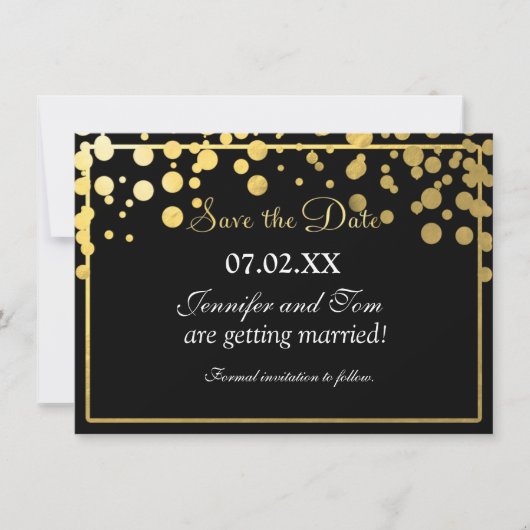 Zwarte uitnodiging met goud folie confetti Save da (Voorkant)