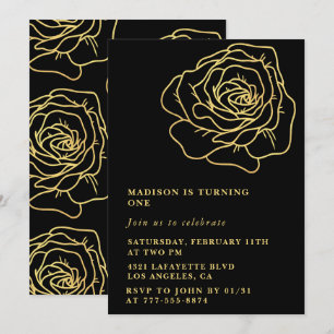 Zwarte uitnodigingen 1e verjaardag Gouden bloemen