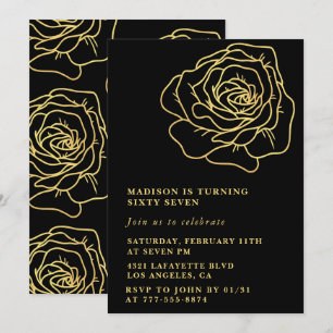 Zwarte uitnodigingen 67e verjaardag Gouden bloemen