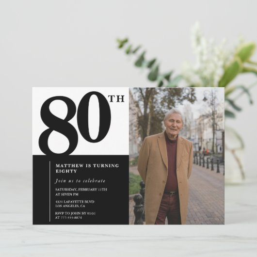 Zwarte uitnodigingen 80ste verjaardag Elegant Chic (Staand voorkant)