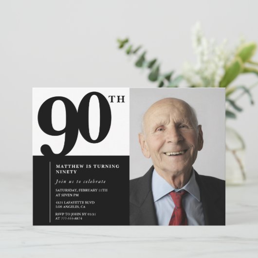 Zwarte uitnodigingen 90ste verjaardag Elegant Chic (Staand voorkant)