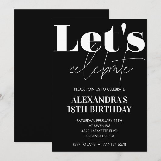 Zwarte uitnodigingen voor 18e verjaardag Vette typ (Voorkant / Achterkant)