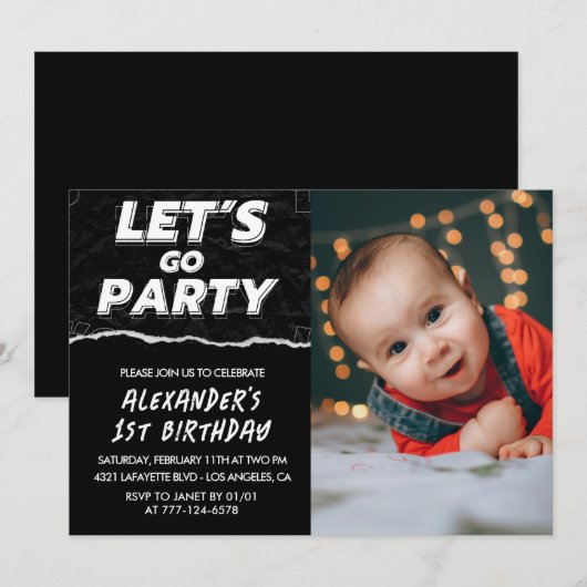 Zwarte uitnodigingen voor 1e verjaardag Jongen Fot (Voorkant / Achterkant)