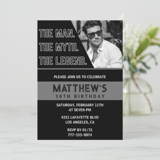 Zwarte uitnodigingen voor 38e verjaardag De Man De (Staand voorkant)
