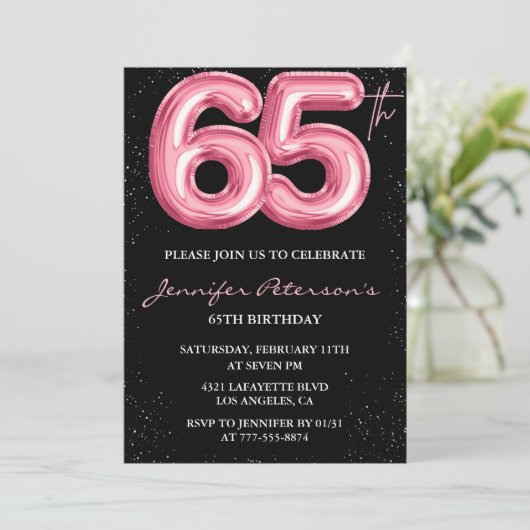 Zwarte uitnodigingen voor 65ste verjaardag Ballon (Staand voorkant)