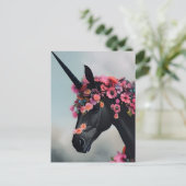 Zwarte Unicorn met bloemen Briefkaart (Staand voorkant)