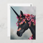 Zwarte Unicorn met bloemen Briefkaart (Voorkant / Achterkant)