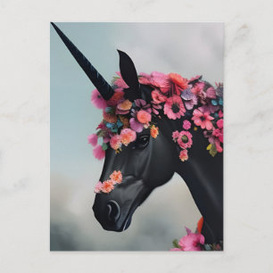 Zwarte Unicorn met bloemen Briefkaart