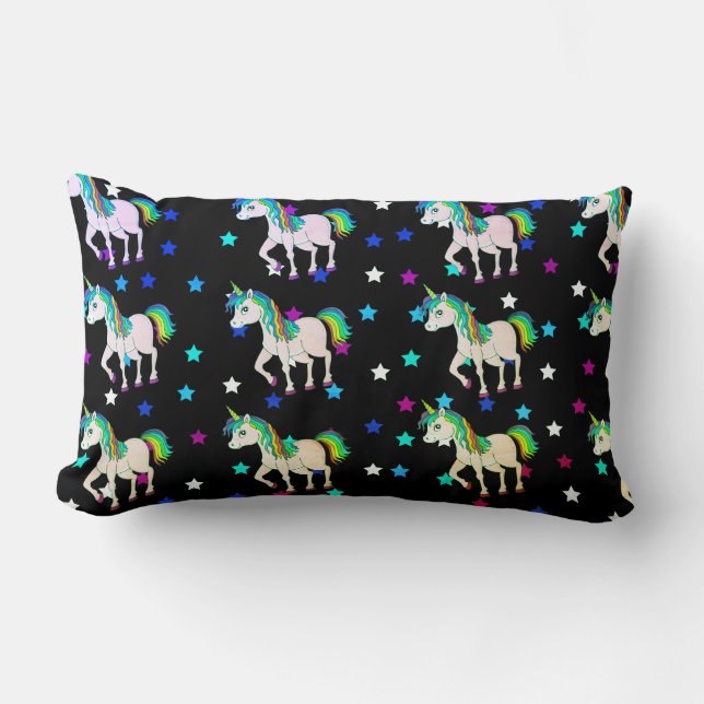 Zwarte Unicorns & Star Print Lumbar Pillow Kussen (Voorkant)
