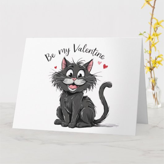 Zwarte Valentijnsdag Kat Kaart (Gele Bloem)