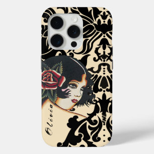 Zwarte Vector Damask  Meisje iPhone 15 Pro Case