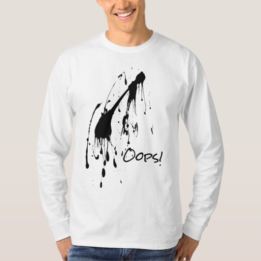 Zwarte verfspatten "Oeps!" T-Shirt (Voorkant)