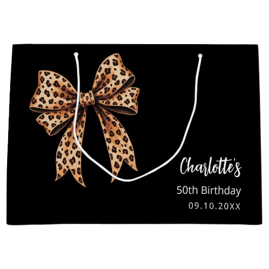Zwarte verjaardag met luipaardprint strik groot cadeauzakje (Voorkant)