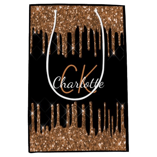 Zwarte verjaardags luxe monogram met gouden glitte medium cadeauzakje (Voorkant)