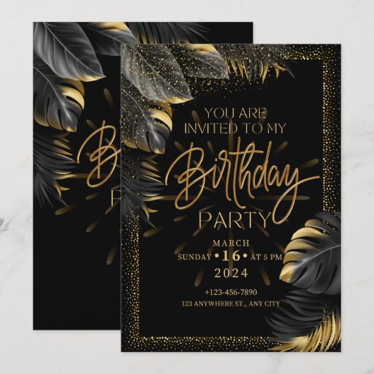 zwarte verjaardagsfeest uitnodigingskaart kaart (Voorkant / Achterkant)
