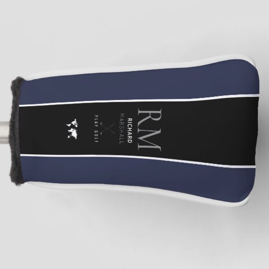 zwarte verticale streep met monogram op donkerblau golfheadcover (Voorkant)