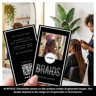 Zwarte Verticale Vlecht Salon Enkele Foto Logo QR Visitekaartje